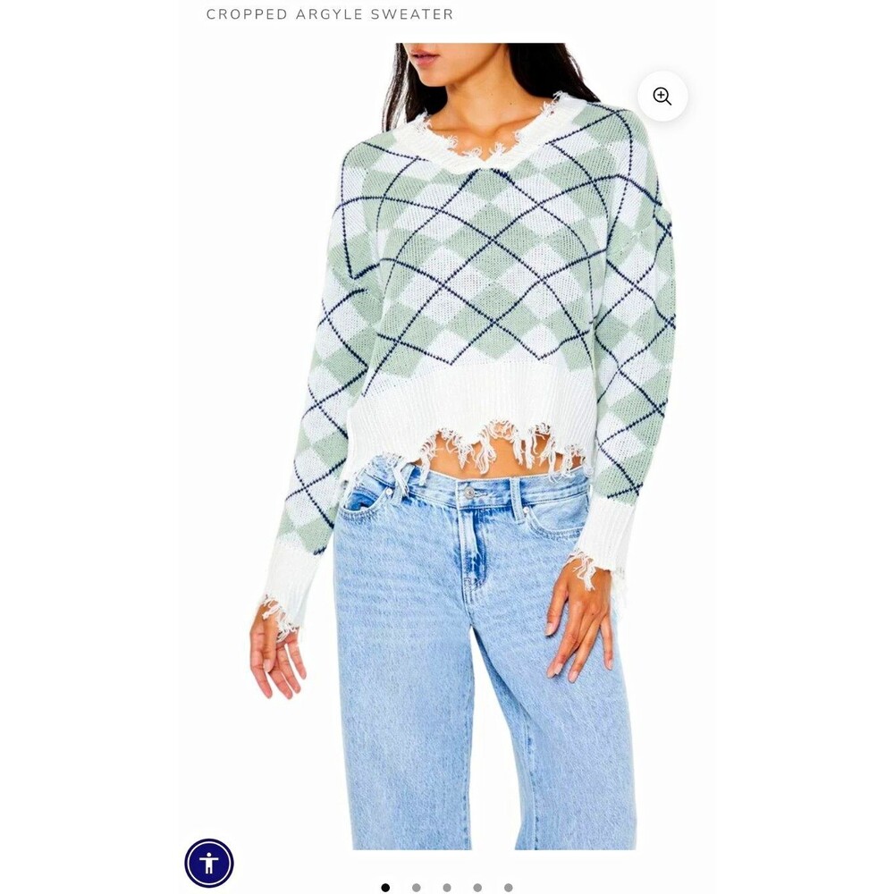 NEW Forever 21 Green Argyle Knit V-Neck Sweater MED Raw Hem Crop Preppy Clueless